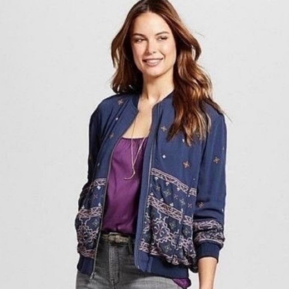 Knox Rose embroidered Navy Bomber Jacket sz XS